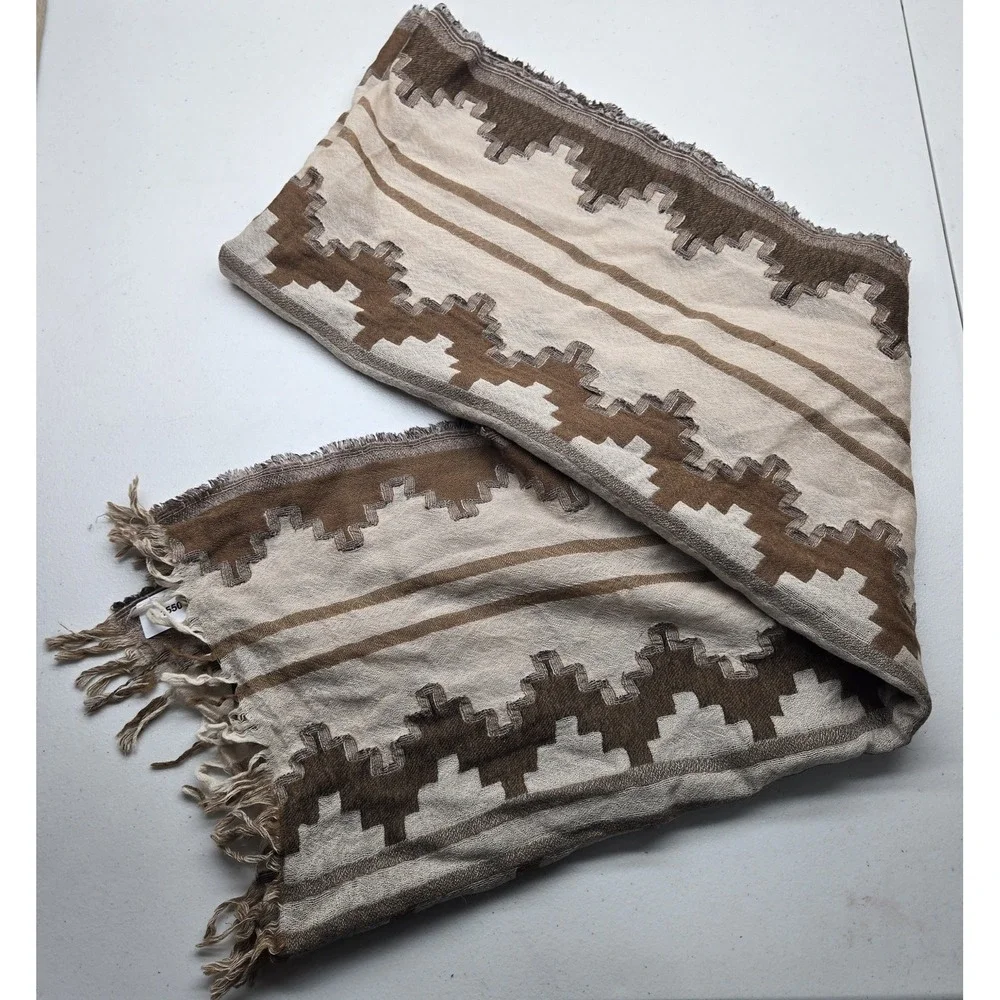 Eileen Fisher Women Scarf OS Brown Geometric Aztec Fringe Wool Blend‎